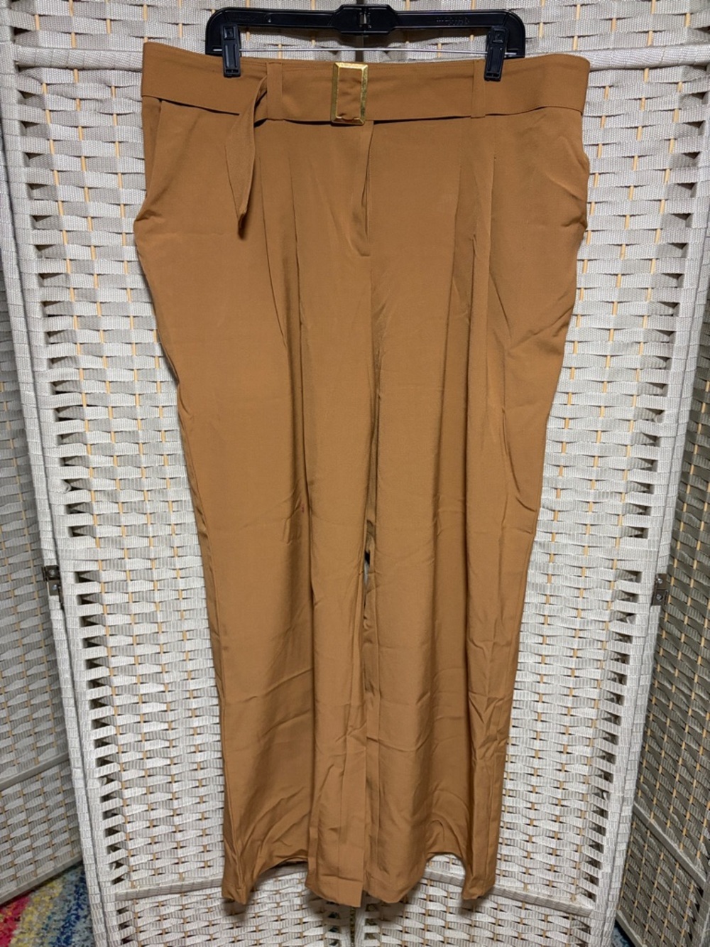 New York & Company Wide-Leg Pants in Camel Brown with Gold Buckle